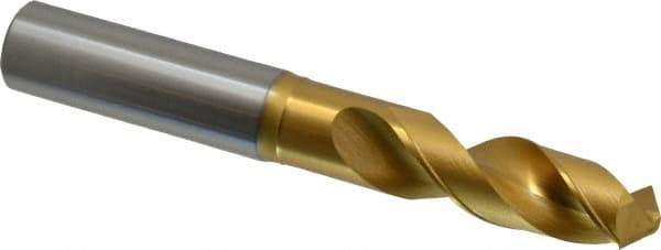 OSG - 15.00124mm 120° Spiral Flute Vanadium High Speed Steel Screw Machine Drill Bit - TiN Finish, Right Hand Cut, 56mm Flute Length, 116mm OAL, Faceted Point, Straight Shank - Apex Tool & Supply