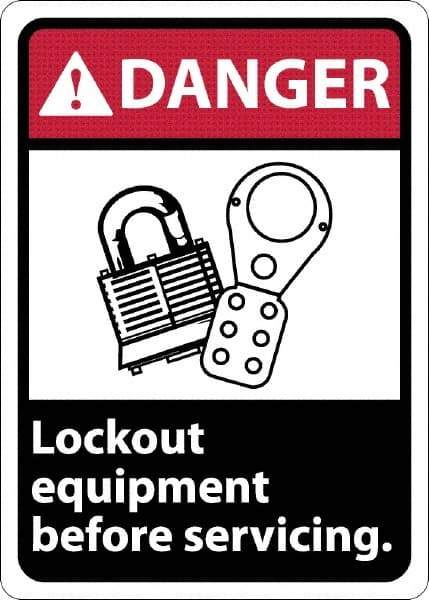 NMC - "Danger - Lock Out Equipment Before Servicing", 10" Long x 7" Wide, Rigid Plastic Safety Sign - Rectangle, 0.05" Thick, Use for Accident Prevention - Apex Tool & Supply