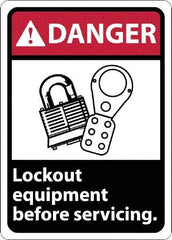 NMC - "Danger - Lock Out Equipment Before Servicing", 10" Long x 7" Wide, Rigid Plastic Safety Sign - Rectangle, 0.05" Thick, Use for Accident Prevention - Apex Tool & Supply