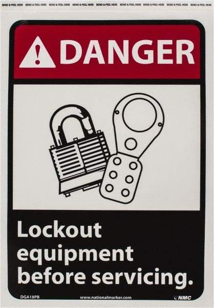 NMC - "Danger - Lock Out Equipment Before Servicing", 14" Long x 10" Wide, Pressure-Sensitive Vinyl Safety Sign - Rectangle, 0.004" Thick, Use for Accident Prevention - Apex Tool & Supply