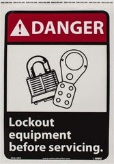 NMC - "Danger - Lock Out Equipment Before Servicing", 14" Long x 10" Wide, Pressure-Sensitive Vinyl Safety Sign - Rectangle, 0.004" Thick, Use for Accident Prevention - Apex Tool & Supply
