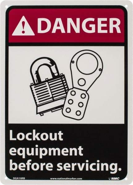 NMC - "Danger - Lock Out Equipment Before Servicing", 14" Long x 10" Wide, Rigid Plastic Safety Sign - Rectangle, 0.05" Thick, Use for Accident Prevention - Apex Tool & Supply