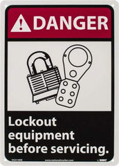 NMC - "Danger - Lock Out Equipment Before Servicing", 14" Long x 10" Wide, Rigid Plastic Safety Sign - Rectangle, 0.05" Thick, Use for Accident Prevention - Apex Tool & Supply