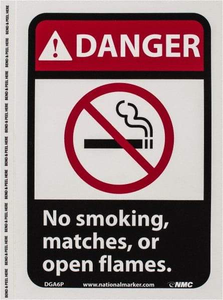 NMC - "Danger - No Smoking, Matches or Open Flames", 10" Long x 7" Wide, Pressure-Sensitive Vinyl Safety Sign - Rectangle, 0.004" Thick, Use for Accident Prevention - Apex Tool & Supply