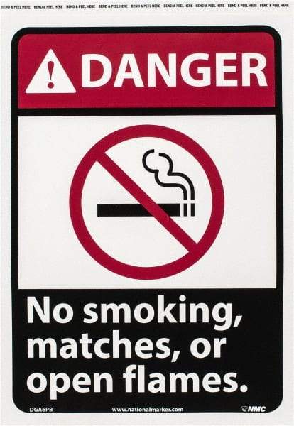 NMC - "Danger - No Smoking, Matches or Open Flames", 14" Long x 10" Wide, Pressure-Sensitive Vinyl Safety Sign - Rectangle, 0.004" Thick, Use for Accident Prevention - Apex Tool & Supply