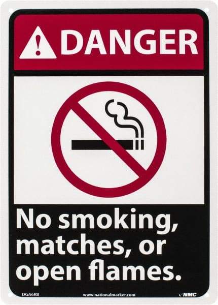 NMC - "Danger - No Smoking, Matches or Open Flames", 14" Long x 10" Wide, Rigid Plastic Safety Sign - Rectangle, 0.05" Thick, Use for Accident Prevention - Apex Tool & Supply
