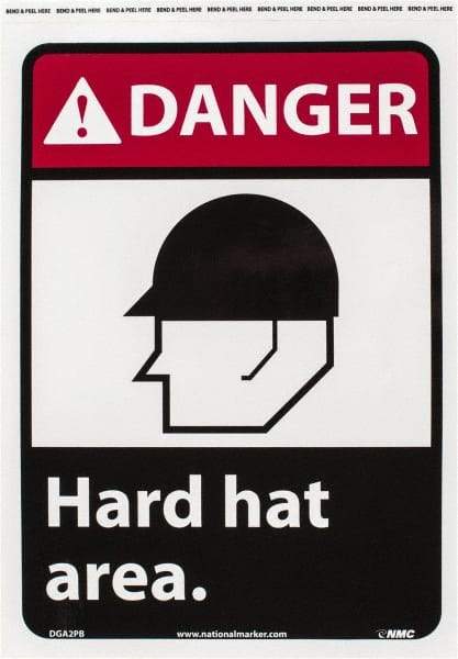 NMC - "Danger - Hard Hat Area", 14" Long x 10" Wide, Pressure-Sensitive Vinyl Safety Sign - Rectangle, 0.004" Thick, Use for Accident Prevention - Apex Tool & Supply