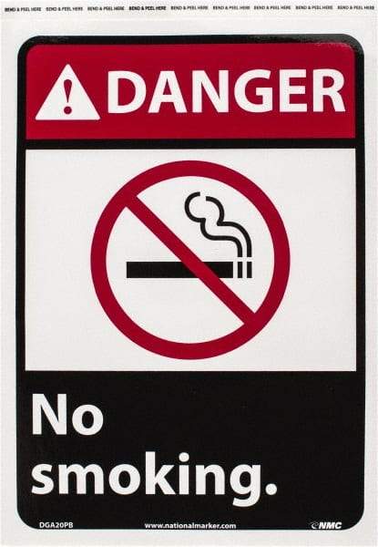 NMC - "Danger - No Smoking", 14" Long x 10" Wide, Pressure-Sensitive Vinyl Safety Sign - Rectangle, 0.004" Thick, Use for Accident Prevention - Apex Tool & Supply