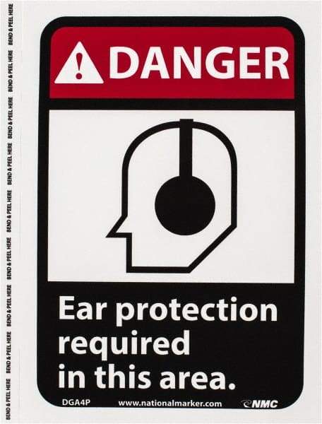 NMC - "Danger - Ear Protection Required in This Area", 10" Long x 7" Wide, Pressure-Sensitive Vinyl Safety Sign - Rectangle, 0.004" Thick, Use for Accident Prevention - Apex Tool & Supply