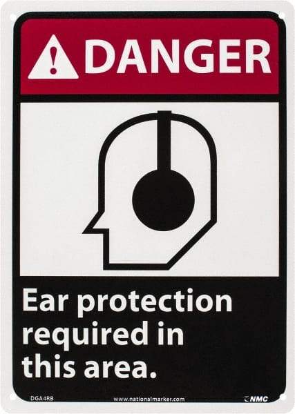 NMC - "Danger - Ear Protection Required in This Area", 14" Long x 10" Wide, Rigid Plastic Safety Sign - Rectangle, 0.05" Thick, Use for Accident Prevention - Apex Tool & Supply