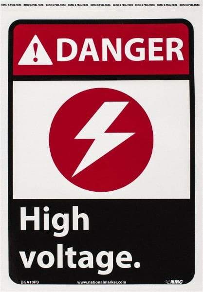 NMC - "Danger - High Voltage", 14" Long x 10" Wide, Pressure-Sensitive Vinyl Safety Sign - Rectangle, 0.004" Thick, Use for Accident Prevention - Apex Tool & Supply
