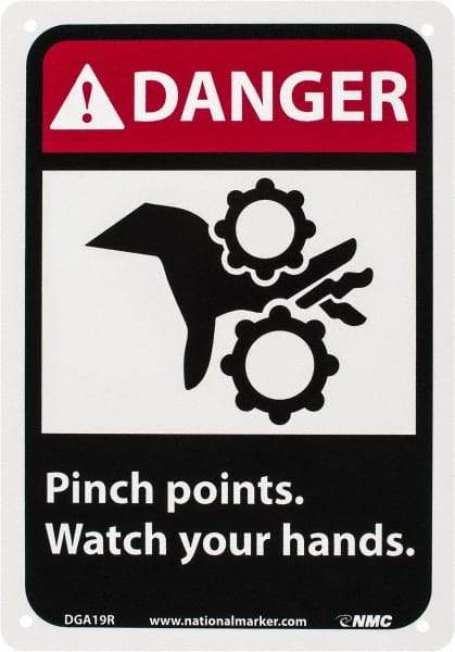 NMC - "Danger - Pinch Points - Watch Your Hands", 10" Long x 7" Wide, Rigid Plastic Safety Sign - Rectangle, 0.05" Thick, Use for Accident Prevention - Apex Tool & Supply
