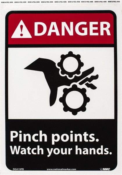 NMC - "Danger - Pinch Points - Watch Your Hands", 14" Long x 10" Wide, Pressure-Sensitive Vinyl Safety Sign - Rectangle, 0.004" Thick, Use for Accident Prevention - Apex Tool & Supply
