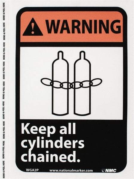 NMC - "Warning - Keep All Cylinders Chained", 10" Long x 7" Wide, Pressure-Sensitive Vinyl Safety Sign - Rectangle, 0.004" Thick, Use for Accident Prevention - Apex Tool & Supply