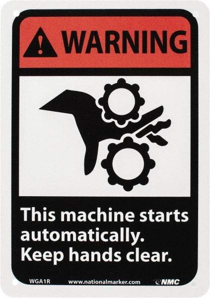 NMC - "Warning - This Machine Starts Automatically - Keep Hands Clear", 10" Long x 7" Wide, Rigid Plastic Safety Sign - Rectangle, 0.05" Thick, Use for Accident Prevention - Apex Tool & Supply