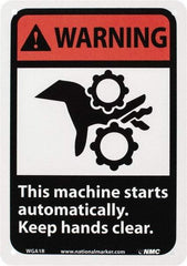 NMC - "Warning - This Machine Starts Automatically - Keep Hands Clear", 10" Long x 7" Wide, Rigid Plastic Safety Sign - Rectangle, 0.05" Thick, Use for Accident Prevention - Apex Tool & Supply