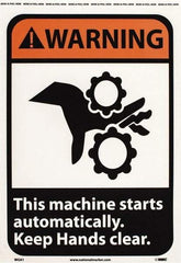 NMC - "Warning - This Machine Starts Automatically - Keep Hands Clear", 14" Long x 10" Wide, Pressure-Sensitive Vinyl Safety Sign - Rectangle, 0.004" Thick, Use for Accident Prevention - Apex Tool & Supply