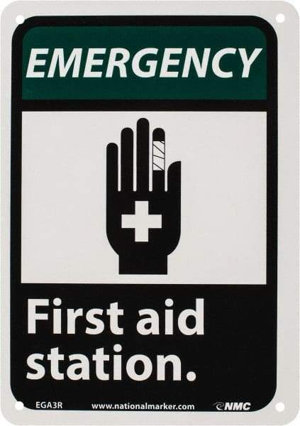 NMC - "Emergency - First Aid Station", 10" Long x 7" Wide, Rigid Plastic Safety Sign - Rectangle, 0.05" Thick, Use for First Aid - Apex Tool & Supply