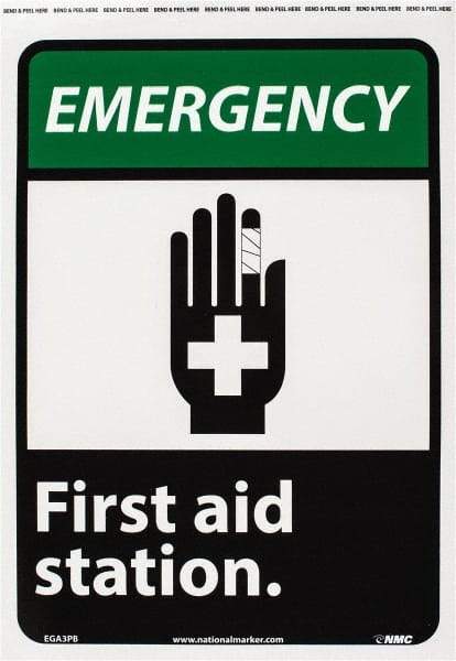 NMC - "Emergency - First Aid Station", 14" Long x 10" Wide, Pressure-Sensitive Vinyl Safety Sign - Rectangle, 0.004" Thick, Use for First Aid - Apex Tool & Supply