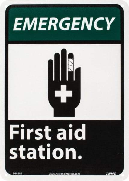NMC - "Emergency - First Aid Station", 14" Long x 10" Wide, Rigid Plastic Safety Sign - Rectangle, 0.05" Thick, Use for First Aid - Apex Tool & Supply