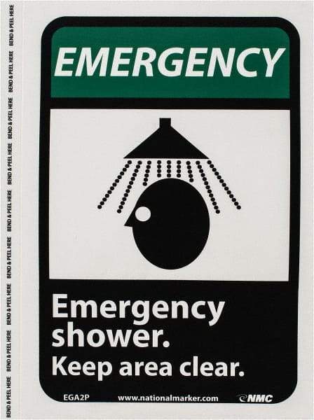 NMC - "Emergency - Emergency Shower - Keep Area Clear", 10" Long x 7" Wide, Pressure-Sensitive Vinyl Safety Sign - Rectangle, 0.004" Thick, Use for First Aid - Apex Tool & Supply
