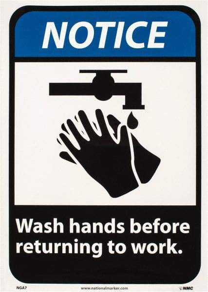NMC - "Notice - Wash Hands Before Returning to Work", 14" Long x 10" Wide, Pressure-Sensitive Vinyl Safety Sign - Rectangle, 0.004" Thick, Use for Restroom, Janitorial & Housekeeping - Apex Tool & Supply