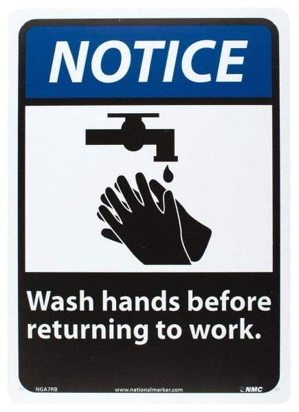 NMC - "Notice - Wash Hands Before Returning to Work", 14" Long x 10" Wide, Rigid Plastic Safety Sign - Rectangle, 0.05" Thick, Use for Restroom, Janitorial & Housekeeping - Apex Tool & Supply