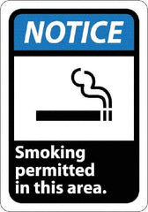 NMC - "Notice - Smoking Permitted in This Area", 10" Long x 7" Wide, Rigid Plastic Safety Sign - Rectangle, 0.05" Thick, Use for Security & Admittance - Apex Tool & Supply