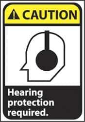 NMC - "Caution - Hearing Protection Required", 14" Long x 10" Wide, Pressure-Sensitive Vinyl Safety Sign - Rectangle, 0.004" Thick, Use for Accident Prevention - Apex Tool & Supply