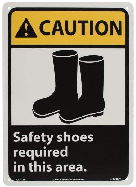 NMC - "Caution - Safety Shoes Required in This Area", 14" Long x 10" Wide, Rigid Plastic Safety Sign - Rectangle, 0.05" Thick, Use for Accident Prevention - Apex Tool & Supply