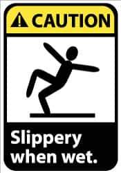 NMC - "Caution - Slippery When Wet", 14" Long x 10" Wide, Pressure-Sensitive Vinyl Safety Sign - Rectangle, 0.004" Thick, Use for Accident Prevention - Apex Tool & Supply