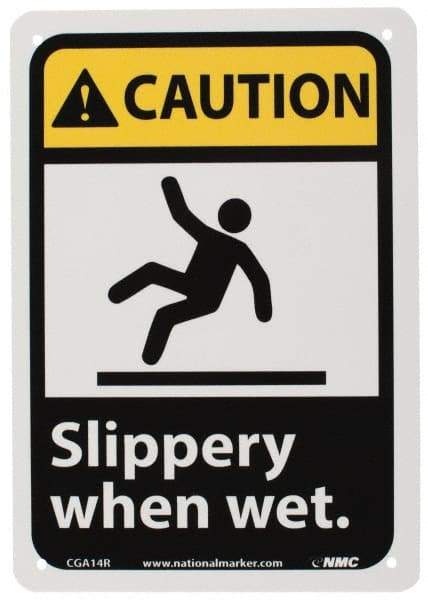 NMC - "Caution - Slippery When Wet", 10" Long x 7" Wide, Rigid Plastic Safety Sign - Rectangle, 0.05" Thick, Use for Accident Prevention - Apex Tool & Supply