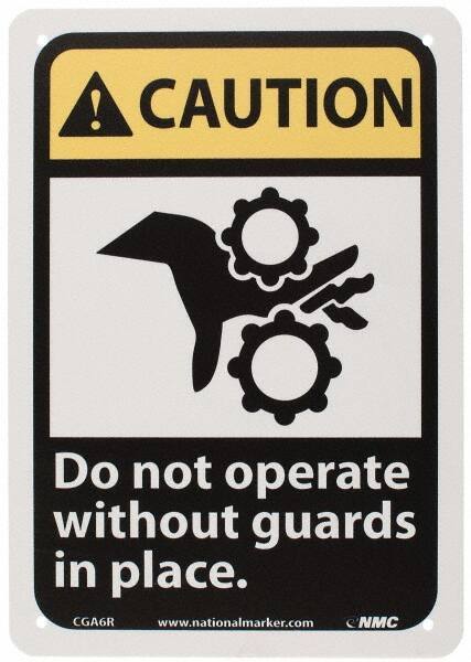 NMC - "Caution - Do Not Operate without Guards in Place", 10" Long x 7" Wide, Rigid Plastic Safety Sign - Rectangle, 0.05" Thick, Use for Accident Prevention - Apex Tool & Supply