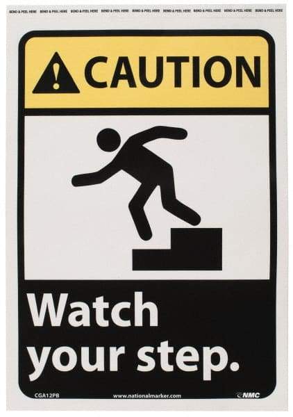 NMC - "Caution - Watch Your Step", 14" Long x 10" Wide, Pressure-Sensitive Vinyl Safety Sign - Rectangle, 0.004" Thick, Use for Accident Prevention - Apex Tool & Supply