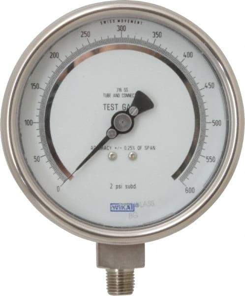 Wika - 4" Dial, 1/4 Thread, 0-600 Scale Range, Pressure Gauge - Lower Connection Mount, Accurate to 0.25% of Scale - Apex Tool & Supply