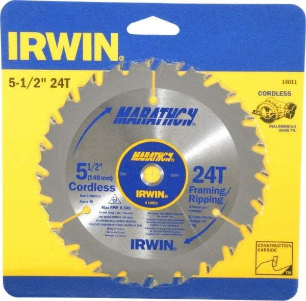 Irwin - 5-1/2" Diam, 10mm Arbor Hole Diam, 24 Tooth Wet & Dry Cut Saw Blade - Carbide-Tipped, Framing & Ripping Action, Standard Round Arbor - Apex Tool & Supply