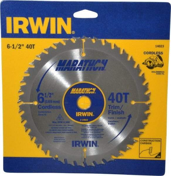 Irwin - 6-1/2" Diam, 5/8" Arbor Hole Diam, 40 Tooth Wet & Dry Cut Saw Blade - Carbide-Tipped, Trimming Action, Standard Round Arbor - Apex Tool & Supply