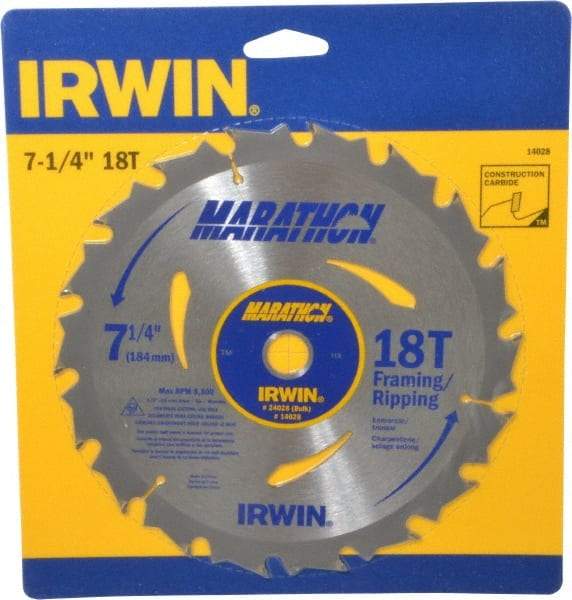Irwin - 7-1/4" Diam, 5/8" Arbor Hole Diam, 18 Tooth Wet & Dry Cut Saw Blade - Carbide-Tipped, Framing & Ripping Action, Diamond Arbor - Apex Tool & Supply