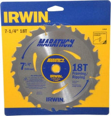 Irwin - 7-1/4" Diam, 5/8" Arbor Hole Diam, 18 Tooth Wet & Dry Cut Saw Blade - Carbide-Tipped, Framing & Ripping Action, Diamond Arbor - Apex Tool & Supply