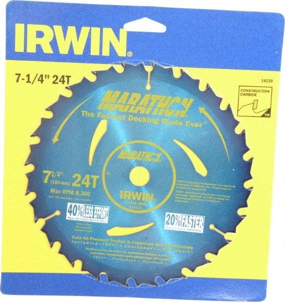 Irwin - 7-1/4" Diam, 5/8" Arbor Hole Diam, 24 Tooth Wet & Dry Cut Saw Blade - Carbide-Tipped, General Purpose Action, Diamond Arbor - Apex Tool & Supply