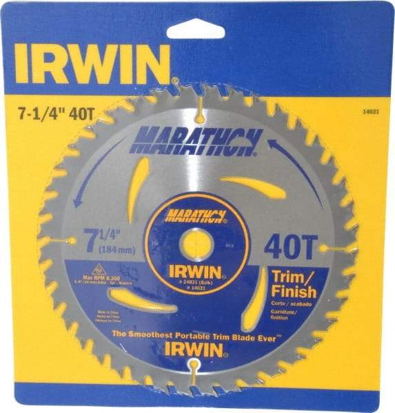 Irwin - 7-1/4" Diam, 5/8" Arbor Hole Diam, 40 Tooth Wet & Dry Cut Saw Blade - Carbide-Tipped, Finishing & Trimming Action, Diamond Arbor - Apex Tool & Supply