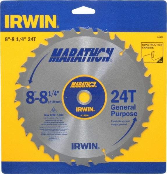 Irwin - 8-1/4" Diam, 5/8" Arbor Hole Diam, 24 Tooth Wet & Dry Cut Saw Blade - Carbide-Tipped, General Purpose Action, Diamond Arbor - Apex Tool & Supply