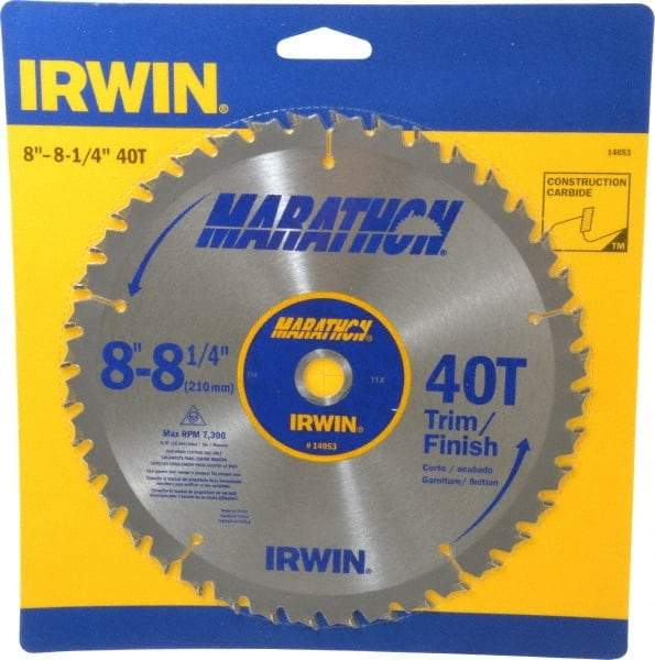 Irwin - 8-1/4" Diam, 5/8" Arbor Hole Diam, 40 Tooth Wet & Dry Cut Saw Blade - Carbide-Tipped, Finishing & Trimming Action, Diamond Arbor - Apex Tool & Supply