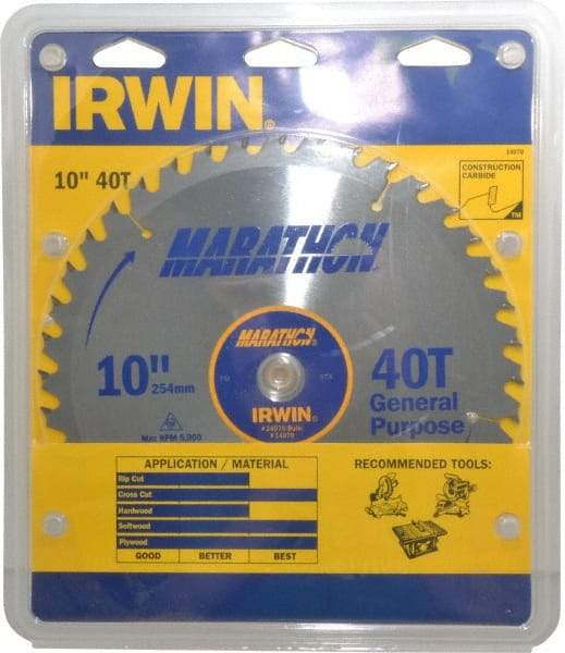 Irwin - 10" Diam, 5/8" Arbor Hole Diam, 40 Tooth Wet & Dry Cut Saw Blade - Carbide-Tipped, General Purpose Action, Standard Round Arbor - Apex Tool & Supply
