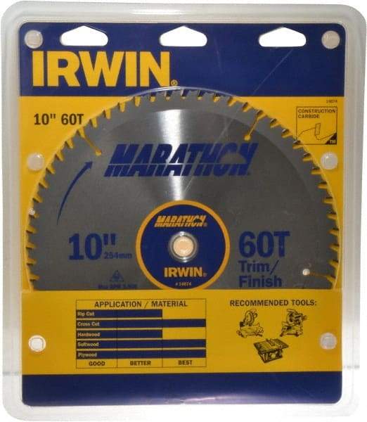 Irwin - 10" Diam, 5/8" Arbor Hole Diam, 60 Tooth Wet & Dry Cut Saw Blade - Carbide-Tipped, Finishing & Trimming Action, Standard Round Arbor - Apex Tool & Supply