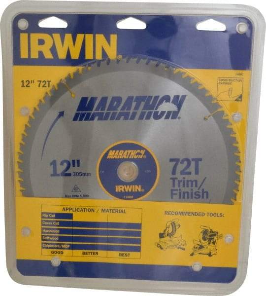 Irwin - 12" Diam, 1" Arbor Hole Diam, 72 Tooth Wet & Dry Cut Saw Blade - Carbide-Tipped, Finishing & Trimming Action, Standard Round Arbor - Apex Tool & Supply