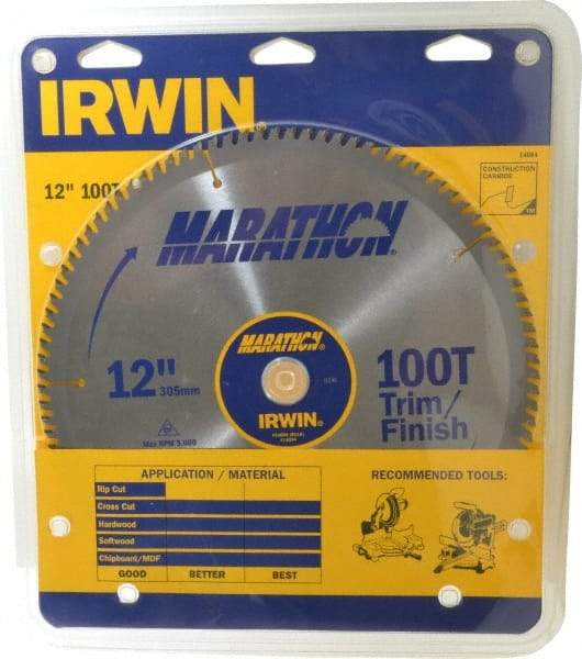 Irwin - 12" Diam, 1" Arbor Hole Diam, 100 Tooth Wet & Dry Cut Saw Blade - Carbide-Tipped, Finishing & Trimming Action, Standard Round Arbor - Apex Tool & Supply