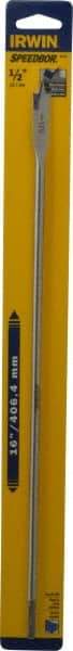 Irwin - 1/2", 1/4" Hex Shank, Bright Finish, High Speed Steel, Spade Blade Drill Bit - 2 Spurs, 16" Overall Length, 2" Shank Length, No Wire Fishing Hole - Apex Tool & Supply