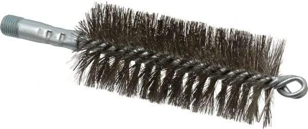 Schaefer Brush - 4-1/2" Brush Length, 2" Diam, Double Stem, Double Spiral Tube Brush - 7-1/4" Long, Stainless Steel, 1/4" NPSM Male Connection - Apex Tool & Supply