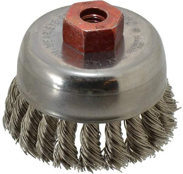 Anderson - 2-3/4" Diam, M10x1.50 Threaded Arbor, Stainless Steel Fill Cup Brush - 0.02 Wire Diam, 3/4" Trim Length, 14,000 Max RPM - Apex Tool & Supply